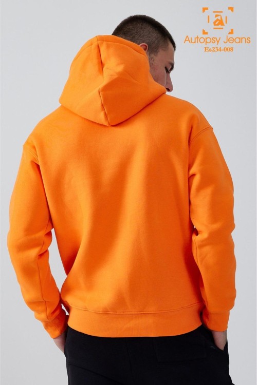 Logo Detaylı İçi Polarlı Kapüşonlu Unisex Sweatshirt  - Turuncu