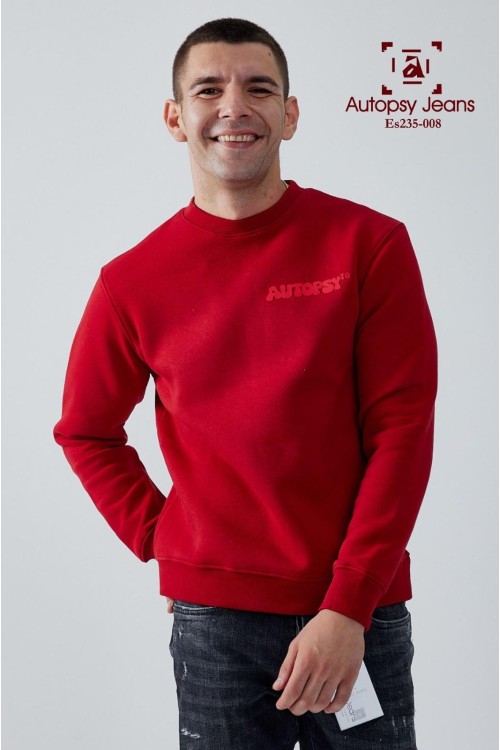 Logo Detaylı İçi Polarlı Bisiklet Yaka Unisex Sweatshirt  - Kırmızı