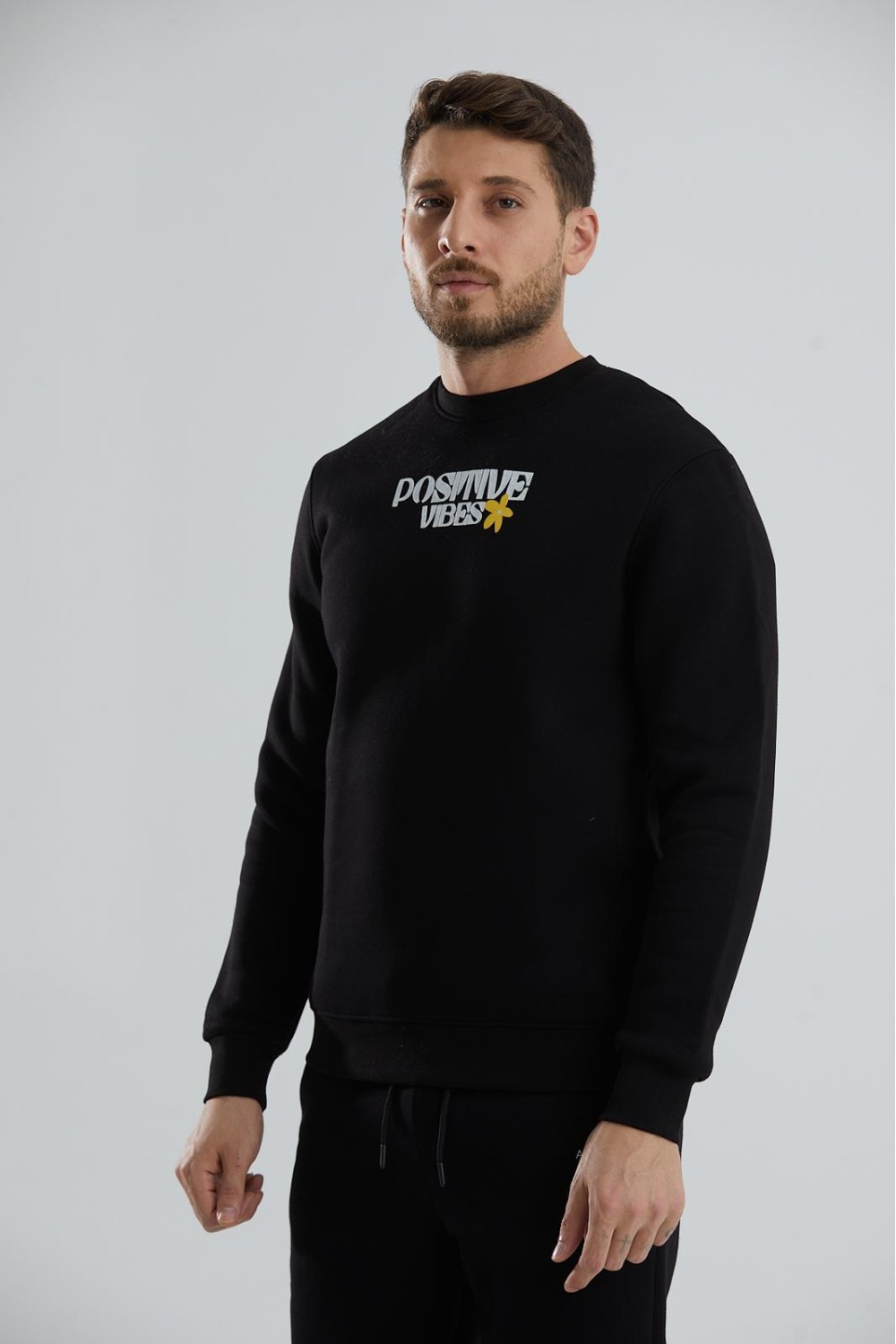 Baskılı İçi Polarlı Unisex Bisiklet Yaka Sweatshirt - Siyah