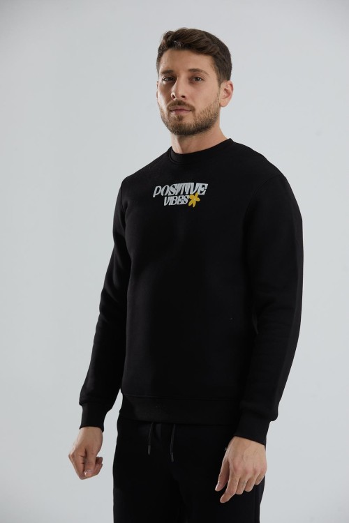 Baskılı İçi Polarlı Unisex Bisiklet Yaka Sweatshirt - Siyah