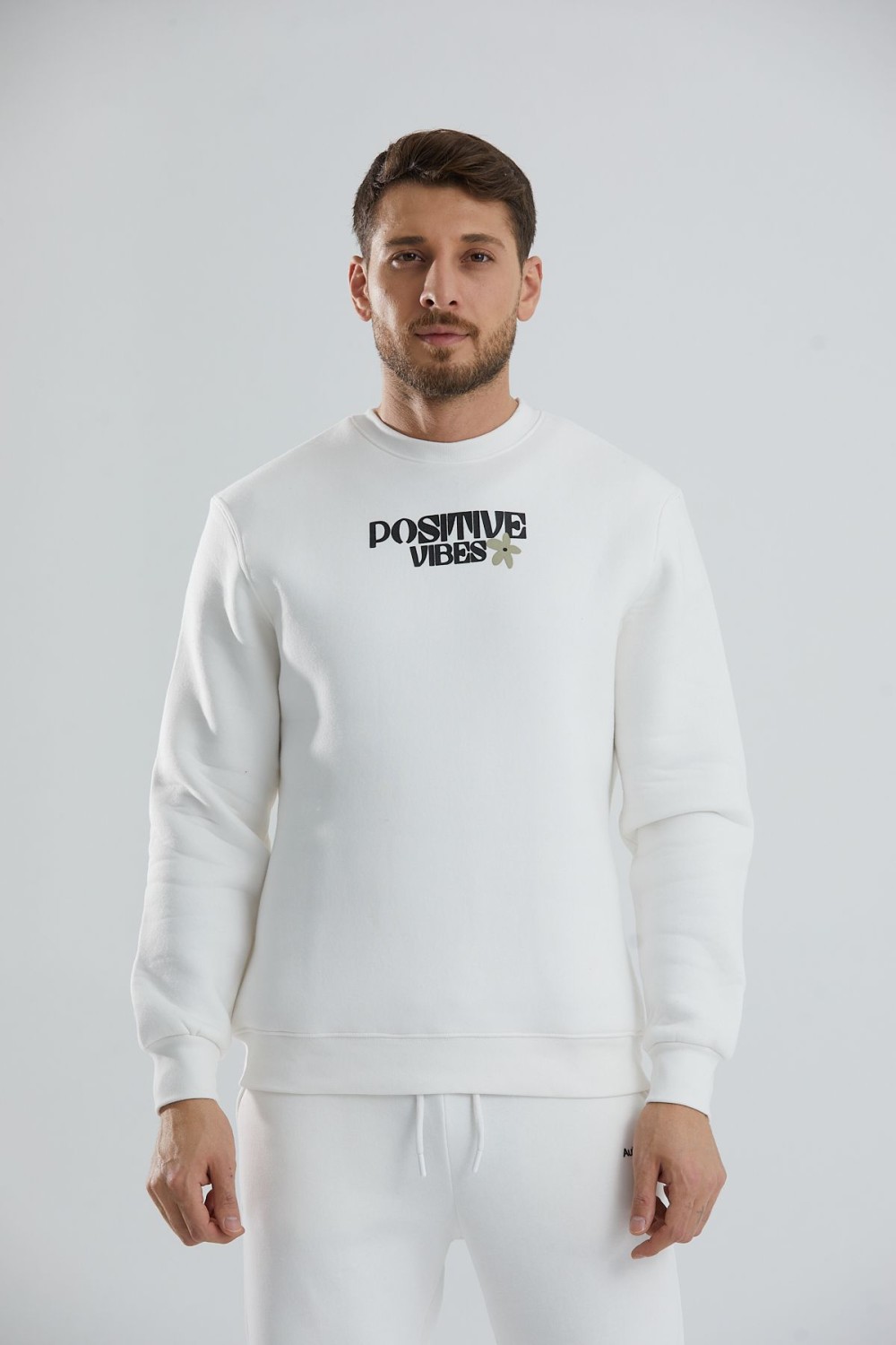 Baskılı İçi Polarlı Unisex Bisiklet Yaka Sweatshirt - Beyaz