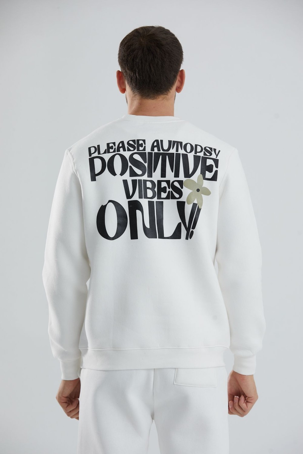 Baskılı İçi Polarlı Unisex Bisiklet Yaka Sweatshirt - Beyaz