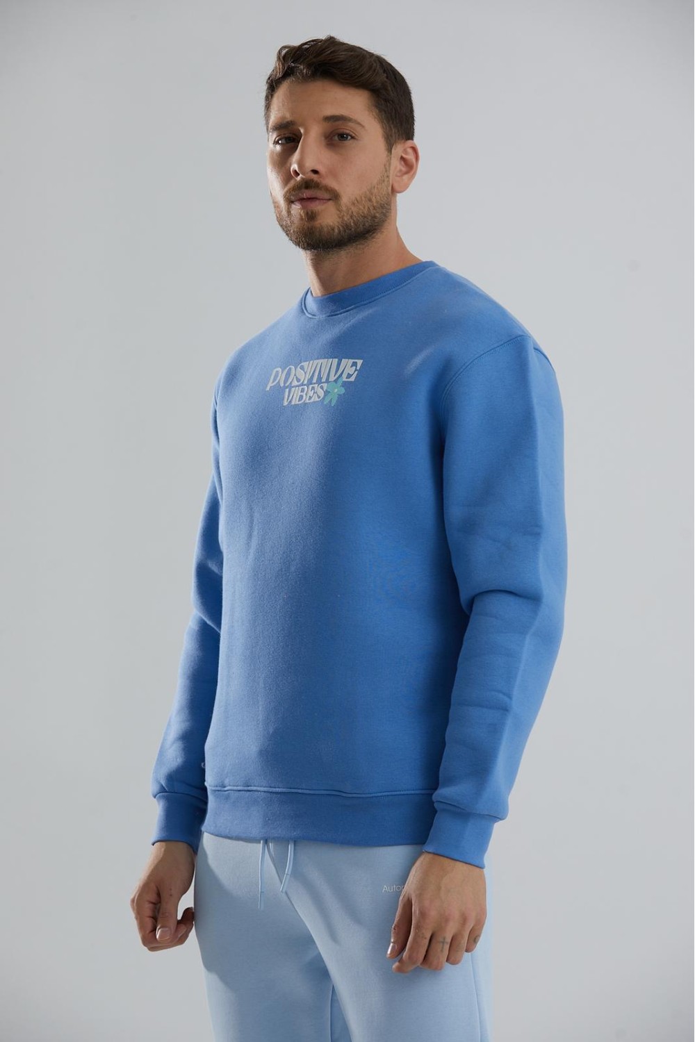 Baskılı İçi Polarlı Unisex Bisiklet Yaka Sweatshirt - Mavi