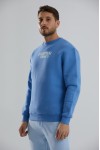 Baskılı İçi Polarlı Unisex Bisiklet Yaka Sweatshirt - Mavi