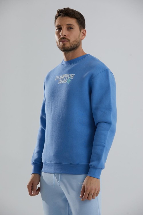 Baskılı İçi Polarlı Unisex Bisiklet Yaka Sweatshirt - Mavi