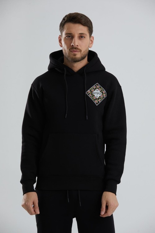 Baskılı İçi Polarlı Kapüşonlu Unisex Sweatshirt - Siyah