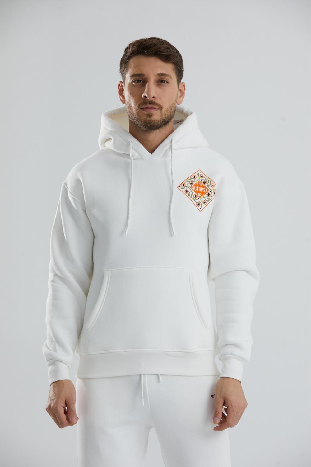 Baskılı İçi Polarlı Kapüşonlu Unisex Sweatshirt - Beyaz