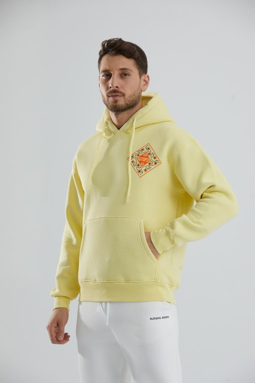 Baskılı İçi Polarlı Kapüşonlu Unisex Sweatshirt - Sarı