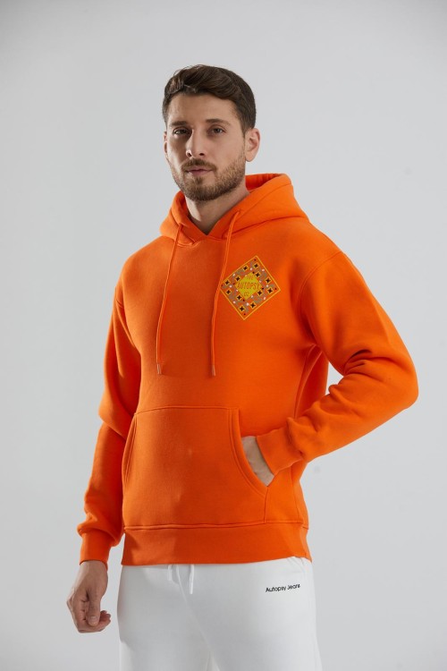 Baskılı İçi Polarlı Kapüşonlu Unisex Sweatshirt - Turuncu