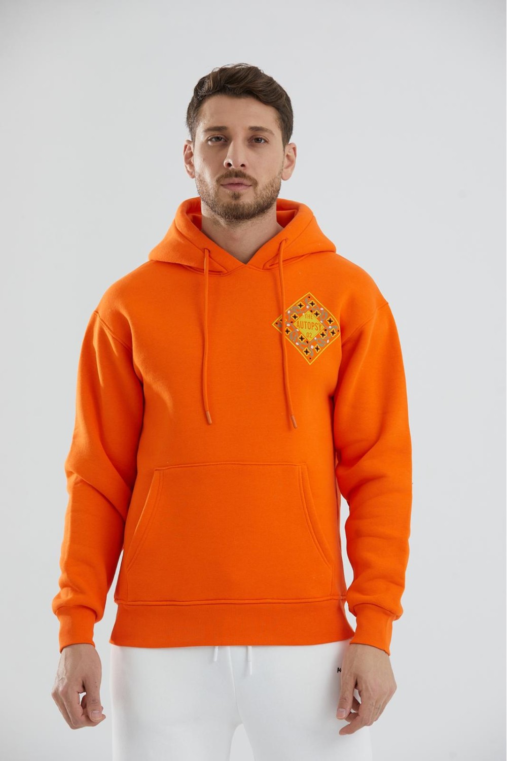 Baskılı İçi Polarlı Kapüşonlu Unisex Sweatshirt - Turuncu