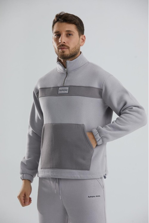 Unisex Relax Fit Rahat Kesim Içi Polarlı Yarım Fermuarlı Dik Yaka Sweatshirt - Gri