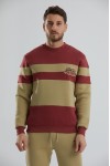 Blok Renkli Şardonlu Bisiklet Yaka Erkek Sweatshirt - Haki-Bordo