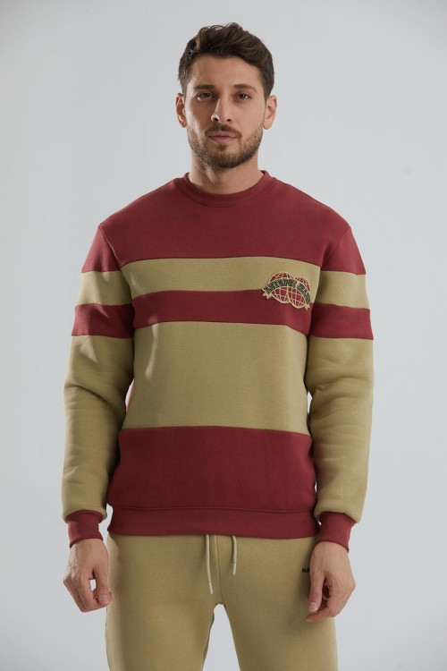 Blok Renkli Şardonlu Bisiklet Yaka Erkek Sweatshirt - Haki-Bordo