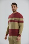 Blok Renkli Şardonlu Bisiklet Yaka Erkek Sweatshirt - Haki-Bordo