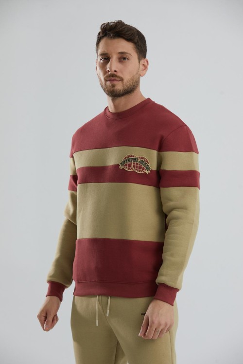 Blok Renkli Şardonlu Bisiklet Yaka Erkek Sweatshirt - Haki-Bordo