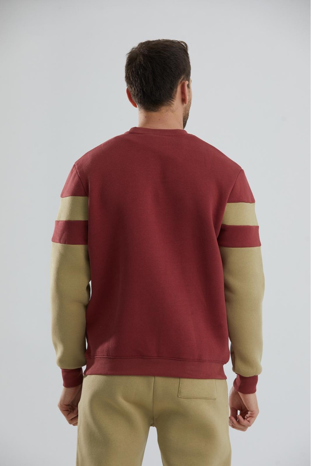 Blok Renkli Şardonlu Bisiklet Yaka Erkek Sweatshirt - Haki-Bordo