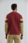 Blok Renkli Şardonlu Bisiklet Yaka Erkek Sweatshirt - Haki-Bordo