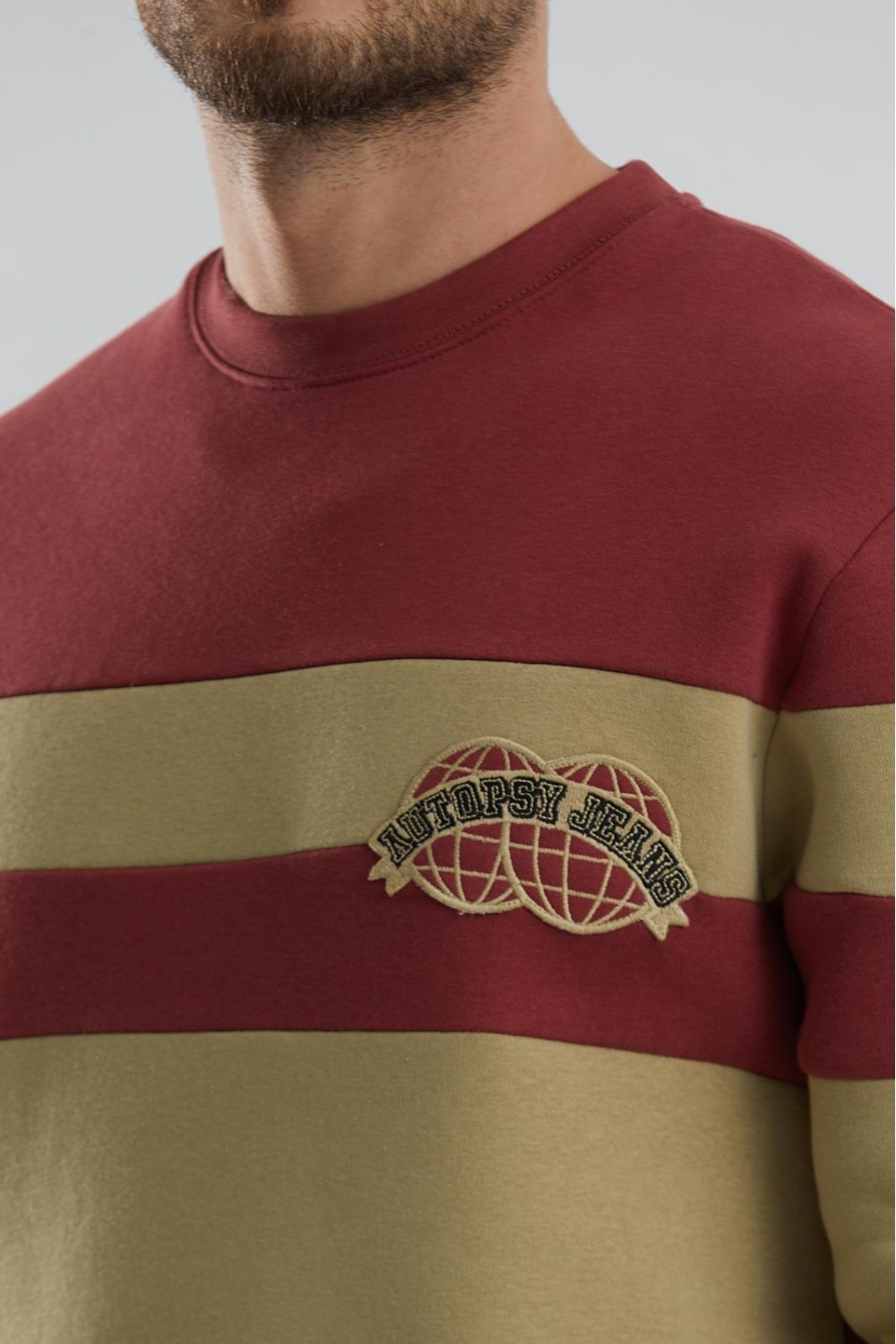 Blok Renkli Şardonlu Bisiklet Yaka Erkek Sweatshirt - Haki-Bordo