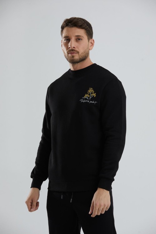 Baskılı Relax Fit Bisiklet Yaka Unisex Sweatshirt - Siyah