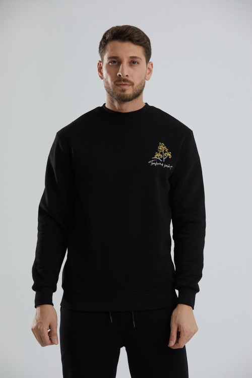 Baskılı Relax Fit Bisiklet Yaka Unisex Sweatshirt - Siyah