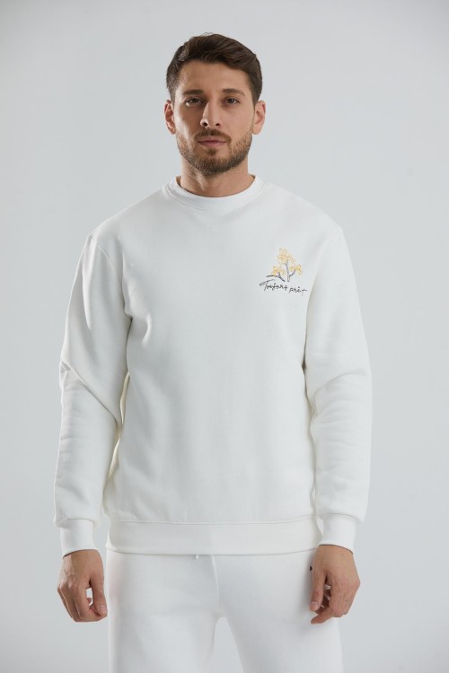 Baskılı Relax Fit Bisiklet Yaka Unisex Sweatshirt - Beyaz