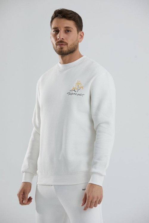 Baskılı Relax Fit Bisiklet Yaka Unisex Sweatshirt - Beyaz