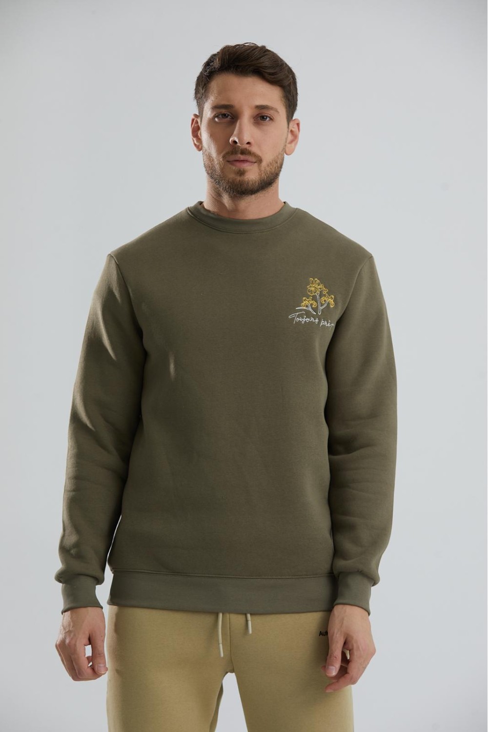 Baskılı Relax Fit Bisiklet Yaka Unisex Sweatshirt - Haki