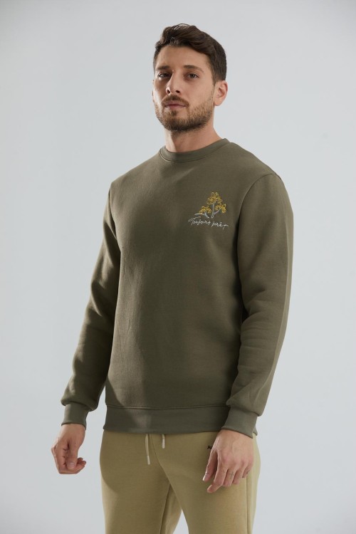 Baskılı Relax Fit Bisiklet Yaka Unisex Sweatshirt - Haki