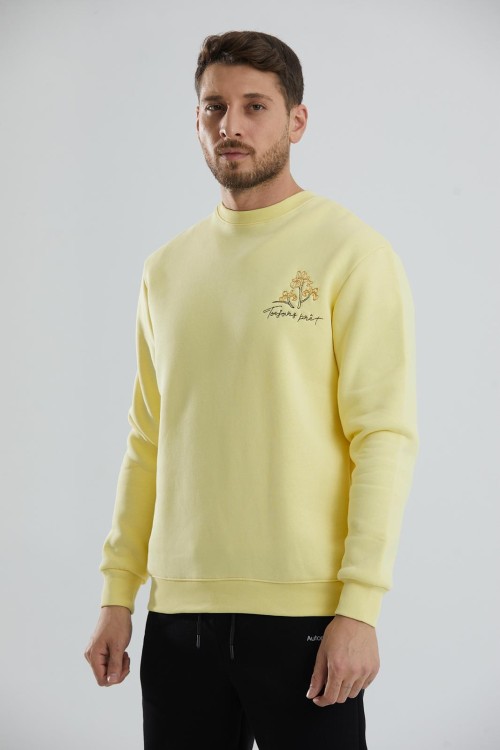 Baskılı Relax Fit Bisiklet Yaka Unisex Sweatshirt - Sarı