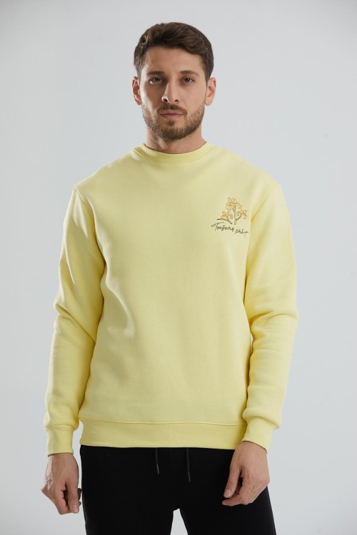 Baskılı Relax Fit Bisiklet Yaka Unisex Sweatshirt - Sarı